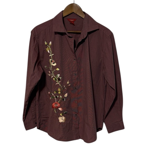 Sundance Tops - Sundance Embroidered Blouse Button Up Pin Stripe Purple Floral Collared 10